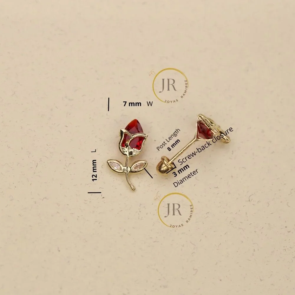 14K Solid Yellow Gold Red Tulip Stud Earrings • Floral Elegance & Passion. - Picture 10 of 11